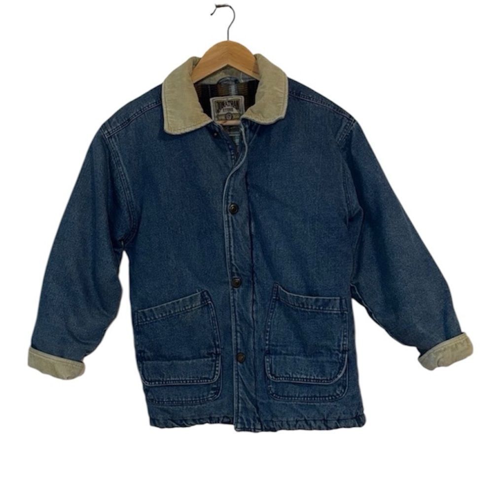 Warm Denim Jacket with Beige Corduroy Collar, XS